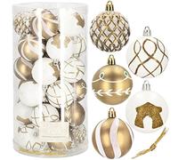 SPRINGOS Lot de 30 boules de Noël en plastique - Diamètre : 6 cm - Motifs d'hiver - Décoration dorée pour Noël, mariage et fêtes