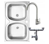 DomoDomo - Évier de cuisine inox 80x50 cm à poser, double bac sans égouttoir - Robinet d’évier de cuisine inox pivotant - Siphon d’évier de cuisine inclus
