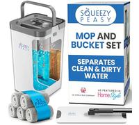 SqueezyPeasy Ensemble balai plat et seau de qualité supérieure - Séparent l'eau propre et sale - Compact et léger - Système de nettoyage du sol à 3 chambres - Tête rotative à 360° - 5 serpillères