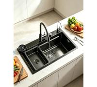 SQYHYTS 80cm Noir Évier De Cuisine Grand Évier Simple À Pluie Volante avec Robinet À Bec Rétractable Et Égouttoir À Verres Cuisine À Poste De Travail Évier Carré À Cuve Unique,Noir,68×45×22cm