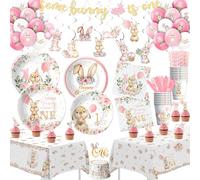 Srua Don Some Bunny is One Décorations pour fille, lapin rose pour premier anniversaire de Pâques, assiette, tasse, serviette, bannière, nappe, ballon, tourbillons, couverts, pour 24 personnes