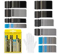 SRunDe Lot de 50 lames de scie sauteuse avec étui de rangement et gants | Lames de scie sauteuse T119BO, T101AO, T101BR, T118A, T118B, T144D, T101B, T119B, T123X, T127D compatibles avec Bosch, DeWALT