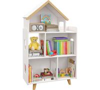 šŠtagššre de rangement pour jouet enfant et livres forme de maison 3 niveaux 65 x 25 x 108,5 cm blanc et naturel