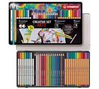 STABILO ARTY Coffret dessin - Boîte métal x 36 feutres de coloriage et crayons de couleurs : 8 feutres Pen 68 brush + 16 crayons STABILOaquacolor + 12 feutres point 88