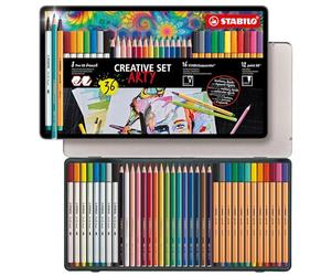 STABILO ARTY Coffret dessin - Boîte métal x 36 feutres de coloriage et crayons de couleurs : 8 feutres Pen 68 brush + 16 crayons STABILOaquacolor + 12 feutres point 88