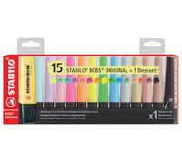 STABILO BOSS ORIGINAL - Surligneur - Set de bureau x 15 surligneurs : 5 Fluo + 5 Pastel + 4 NatureCOLORS + 1 marqueur noir