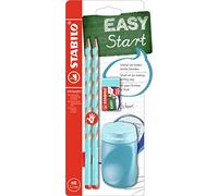 STABILO EASYgraph S - Crayon graphite ergonomique - Set scolaire x 2 crayons papier HB + taille-crayon + gomme - bleu - Droitier