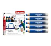STABILO Etui de 4 Crayons marqueur MARKdry & Crayon marqueur MARKdry - Lot de 5 Crayons Ardoises et Tableaux blancs, Crayon Large à Mine XXL, Effaçable - bleu