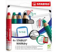 STABILO MARKdry Coffret de marqueurs pour tableau blanc et tableau à feuilles - 4 couleurs assorties avec taille-crayon et chiffonnette