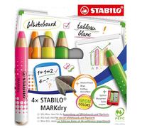 STABILO MARKdry - Crayon Marqueur pour Tableau Blanc et Paperboard - Lot de 4 - Couleurs Néon Assorties avec Taille-crayon et Chiffon d'Essuyage