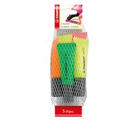 STABILO NEON Surligneur pointe biseautée 2 et 5 mm - couleurs fluo assorties - lot de 5 dans un filet en plastique