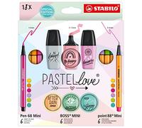 STABILO Pastellove - Coffret x 18 pièces : 6 feutres Pen 68 Mini + 6 stylos point 88 Mini + 6 surligneurs BOSS MINI Pastellove 2.0