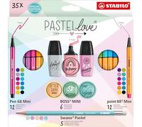 STABILO Pastellove - Coffret x 35 pièces : 12 feutres Pen 68 Mini + 6 surligneurs BOSS MINI Pastellove 2.0 + 12 stylos point 88 Mini + 5 crayons à papier Swano pastel