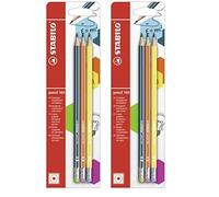 STABILO pencil 160 - Crayon graphite HB - blister x 3 crayons papier- HB - bout gomme - Bleu ardoise/Orange/Jaune (Lot de 2)