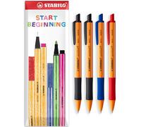 STABILO pointball Lot de 4 stylos à bille rechargeables et rétractables avec emballage cadeau Noir/bleu/rouge Largeur de trait 0,5 mm