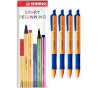 STABILO pointball Lot de 4 stylos à bille rechargeables et rétractables avec enveloppe et emballage cadeau Encre bleue 0,5 mm