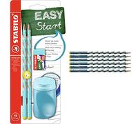STABILO Set scolaire pour gaucher - 2 crayons EASYgraph S HB + taille-crayon + gomme - bleu & Crayon graphite gaucher EASYgraph S - Lot de 6 crayons ergonomiques fins HB (bleu ardoise)