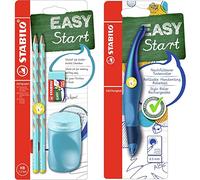 STABILO Set scolaire pour gaucher - 2 crayons EASYgraph S HB + taille-crayon + gomme - bleu & Stylo roller EASYoriginal - Blister x 1 stylo ergonomique rechargeable - Bleu Edition Hologramme