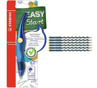 STABILO Stylo roller EASYoriginal - Blister x 1 stylo ergonomique rechargeable - Bleu Edition Hologramme - gaucher & Crayon graphite gaucher - Lot de 6 crayons ergonomiques fins HB (bleu ardoise)