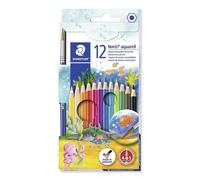 Staedtler Crayons aquarellables Noris Aquarell - Anti-casse, sec/à l'eau, étui 12 + pinceau