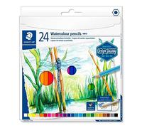 Staedtler Crayons de couleur aquarellables de haute qualité pour artistes, Utilisables à sec ou à l'eau, Mine douce et tendre de 3 mm, Étui carton avec 24 couleurs différentes assorties, 14610C C24
