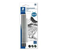 Staedtler Crayons fusain à dessin - 3 duretés, avec estompe | Fusain noir profond, mine 4,5 mm & estompe papier - ombrages expressifs pour les beaux-arts - Art.-Nr. 100C SBK4