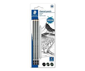Staedtler Crayons fusain à dessin - 3 duretés, avec estompe | Fusain noir profond, mine 4,5 mm & estompe papier - ombrages expressifs pour les beaux-arts - Art.-Nr. 100C SBK4