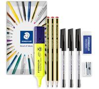 STAEDTLER Ensemble de papeterie dans une enveloppe | 121 crayons graphite HB, 430M stylo à bille à encre noire, gomme Mars 526, taille-crayon à trou unique 510 + surligneur Textsurfer classique (jaune