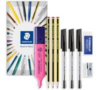 STAEDTLER Ensemble de papeterie dans une enveloppe | 121 crayons graphite HB, 430M stylo à bille à encre noire, gomme Mars 526, taille-crayon 510 à trou unique + surligneur Textsurfer Classic (rose)