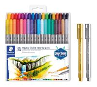 STAEDTLER Feutre double fibre avec deux pointes pour deux largeurs de ligne et marqueur métallique doré et argent, pour papier clair et foncé, 36 feutres et 2 marqueurs, 3200TB36P1X