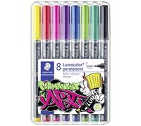 Staedtler Lumocolor Permanent, Feutres permanents multi-surfaces à pointe fine, Encre résistante à l'eau et aux UV, Étui chevalet avec 8 couleurs assorties, 318 WP8-1
