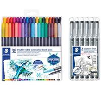 Staedtler Feutres de coloriage aquarellables à double pointe, Pointe pinceau 1-6 mm et pointe fine 0.5-0.8 mm & Pigment Liner, Feutres de dessin à encre pigmentée noire, Étui chevalet avec 6 feutres