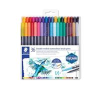 Staedtler Feutres de coloriage aquarellables à double pointe, Pointe pinceau 1-6 mm et pointe fine 0.5-0.8 mm, Étui plastique avec 36 couleurs différentes assorties, 3001 TB36