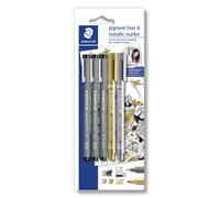 Staedtler Fineliner pigment liner noir + argent et or (3+2)