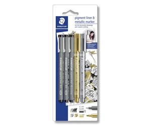 Staedtler Fineliner pigment liner noir + argent et or (3+2)