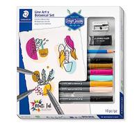 Staedtler Line Art & Botanical 61 371-2 Lot de 10 stylos à encre pigmentée aux couleurs assorties, crayon, gomme, taille-crayon, couleurs assorties