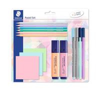 STAEDTLER Lot pastel pour marquer, écrire et peindre, avec crayons de couleur, feutres, surligneurs et 3 blocs adhésifs de haute qualité, 61 SBK2 PA