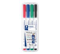 Staedtler Lumocolor 301, Feutres pour tableau blanc effaçables à sec, Sans xylène ni toluène et quasi-inodore, Pointe ogive de 1 mm, Étui chevalet avec 4 couleurs assorties, 301 WP4