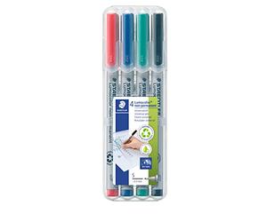 STAEDTLER Lumocolor 311 Feutres non permanents - 4 couleurs, 0,4 mm | Encre universelle hydrosoluble, pointe fine - s’efface du film, verre & tableau blanc à l’humide - Art.-Nr. 311 WP4