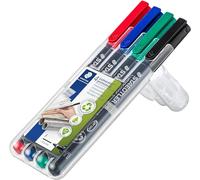 STAEDTLER Lumocolor 318 Feutres permanents - 4 couleurs, 0,6 mm | Encre indélébile anti-frottement à pointe fine pour la plupart des surfaces, DRY SAFE - Art.-Nr. 318 WP4