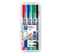 Staedtler Lumocolor 348, Feutres indélébiles à double pointe, Pointe moyenne de 1.5 mm et pointe fine de 0.6 mm, Étui chevalet avec 4 couleurs assorties, 348 WP4