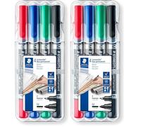 Staedtler Lumocolor 348, Feutres indélébiles à double pointe, Pointe moyenne de 1.5 mm et pointe fine de 0.6 mm, Étui chevalet avec 4 couleurs assorties, 348 WP4 (Lot de 2)