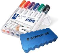 Staedtler Lumocolor 351, Dry Erase Whiteboard Markers, Xylene and Toluene Free and Virtually Odorless, 2 mm Bullet Tip, Easel Case with 6 Assorted Colours, 351 WP6 (Gomme + 6 marqueurs)