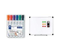 Staedtler Lumocolor 351, Marqueurs pour tableau blanc effaçables à sec, Pointe ogive de 2 mm, 351 WP6 & Amazon Basics Tableau blanc magnétique avec cadre en aluminium et porte