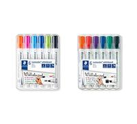 Staedtler Lumocolor 351, Marqueurs pour tableau blanc effaçables à sec, Pointe ogive de 2 mm, Étui chevalet avec 6 couleurs assorties & Lumocolor 351, Marqueurs pour tableau blanc effaçables à sec