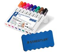 Staedtler Lumocolor 351, Marqueurs pour tableau blanc effaçables à sec, Sans xylène ni toluène et quasi-inodore, Pointe ogive de 2 mm, Étui chevalet avec 8 couleurs assorties, 351 WP8 (+ éponge)