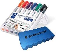 Staedtler Lumocolor 351 WP6 Marqueur pour tableau blanc, pointe ogive env. Largeur de ligne 2 mm, lot de 6 couleurs (1 étui + éponge pour tableau blanc).