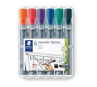 STAEDTLER Lumocolor 356 B Feutres flipchart - 6 couleurs, biseau 2-5 mm | Encre à base d’eau lavable qui ne traverse pas le papier, pointe biseautée - DRY SAFE - Art.-Nr. 356 B WP6