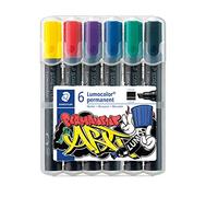 Staedtler Lumocolor Permanent, Marqueurs permanents multi-surfaces à pointe biseau, Encre résistante à l'eau et aux UV, Étui chevalet avec 6 couleurs assorties, 350 WP6-1