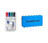 Staedtler - Lumocolor whiteboard marker 351-4 marqueurs effaçables - Pointe ogive 2mm + 1 brosse magnétique pour effaçage à sec